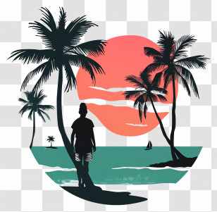 Beach Silhouette - Tropical Beach Sunset Illustration Transparent PNG