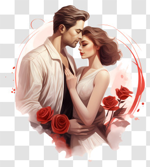 Watercolor Painting - Romantic Couple With Loving Red Roses Transparent PNG