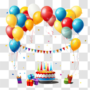 Birthday Party Frame - Colorful Party Decorations With Cake And Balloons Transparent PNG