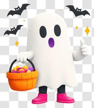 Cute Ghost With Pumpkin Basket - Cute Trick-or-Treat Ghost Transparent PNG