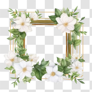 Jasmine Square - Elegant White Floral Square Frame With Leaves Transparent PNG