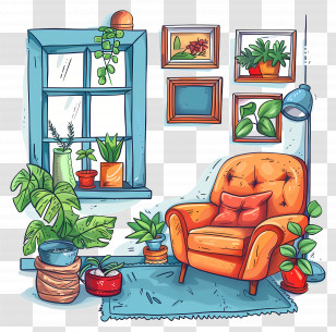 Home Interior - Cozy Room Interior With Decorative Plants Transparent PNG