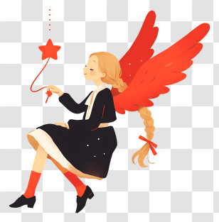 Girl Doodle - Angel With Red Wings And Star Transparent PNG