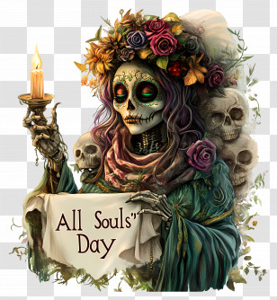 All Souls Day - Elegant Skeleton With Candle And Flowers Transparent PNG