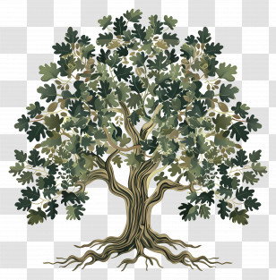 Oak Tree - Beautiful Oak Tree Illustration With Detailed Leaves And Roots Transparent PNG