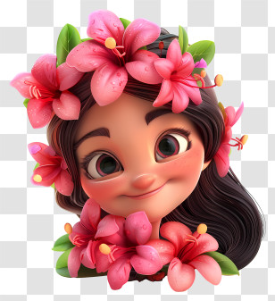 3d Cartoon Flowers - Smiling Girl With Flowers In Hair Transparent PNG