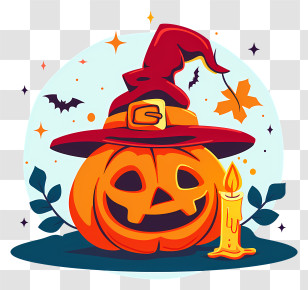Pumpkin In A Red Hat - Halloween Pumpkin With Witch Hat And Candle Transparent PNG