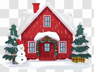 Christmas House - Cozy Red Winter Cottage With Christmas Decor And Snowman Transparent PNG