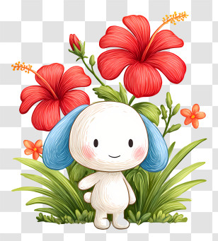 Cinnamoroll With Hibiscus - Blue-eared Character In Flower Garden Transparent PNG