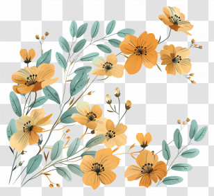 Gold Flowers - Yellow Flowers And Green Leaves In Floral Artwork Transparent PNG