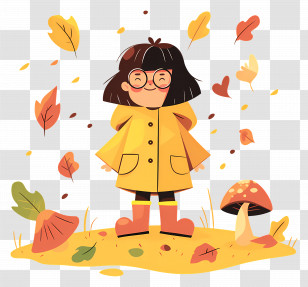 Autumn Background - Happy Girl In Yellow Raincoat Amid Fall Leaves Transparent PNG