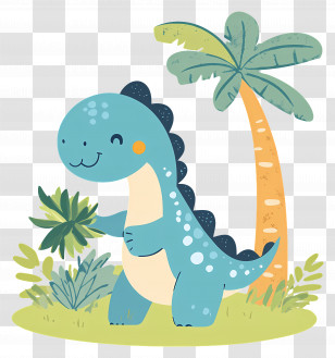Cartoon Dinosaur - Smiling Cartoon Dinosaur With A Palm Tree Transparent PNG