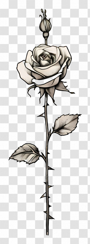 Rose Tattoo - Black And White Rose Illustration With Thorny Stem Transparent PNG