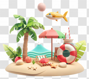 Summer Begins - Tropical Beach Scene With Palm Trees And Umbrella Transparent PNG