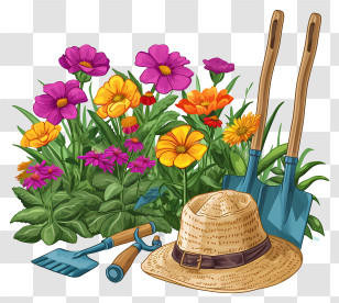 Gardening Tools - Garden Tools And Colorful Flowers Illustration Transparent PNG