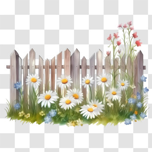 Wooden Garden Fence - Wooden Fence With Daisy Flowers Illustration Transparent PNG