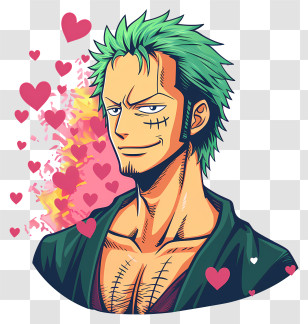 One Piece Roronoa Zoro - Green-Haired Anime Character With Hearts Background Transparent PNG