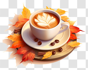 Coffee - Coffee Cup With Latte Art And Autumn Leaves Transparent PNG