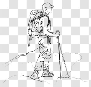 Hiker - Line Art Sketch Of A Hiker With Backpack And Sticks Transparent PNG