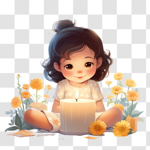 Commemorate With Candle - Girl Sitting With Candle And Yellow Flowers Transparent PNG