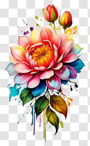 Colorful Painting - Colorful Dahlia Bloom With Paint Splashes Transparent PNG