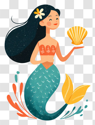 Mermaid Holding Seashell - Mermaid Holding Shell Fantasy Illustration Transparent PNG
