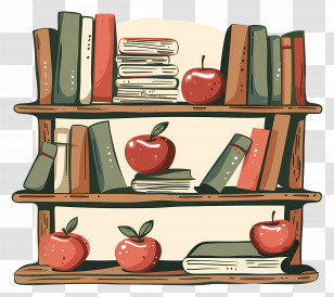 Books And Apples On Shelf Illustration - Books And Apples On Shelves In Cartoon Style Transparent PNG