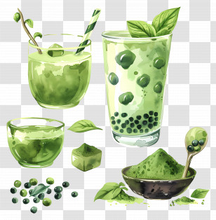 Matcha Drink - Artistic Matcha Tea And Bubble Drinks Illustration Transparent PNG