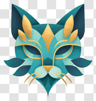 Cat Head Logo - Stylized Teal And Gold Cat Mask Transparent PNG