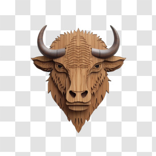 Bison - Rustic Wooden Bull Head Sculpture Transparent PNG