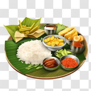 Onam Sadya Food - Traditional Indian Meal On Banana Leaf Transparent PNG