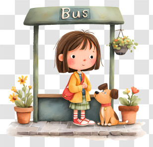 Girl With Dog At Bus Stop - Girl Waiting At Bus Stop Transparent PNG