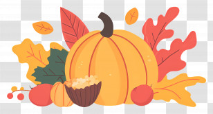 Autumn Harvest - Pumpkin With Autumn Leaves Decoration Transparent PNG
