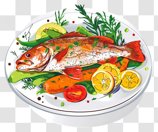 Vector Draw Design - Grilled Fish Dish With Vegetables And Garnish Transparent PNG