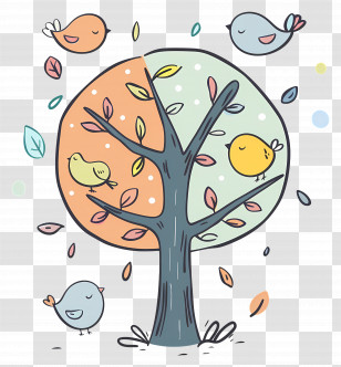 Tree With Birds - Colorful Tree With Birds And Leaves Transparent PNG