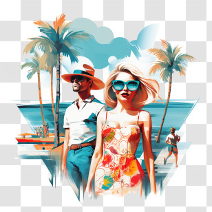 National Beach Day - Man And Woman On Beach With Palm Trees Transparent PNG
