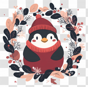 Christmas Penguin - Adorable Penguin In Winter Wreath Art Transparent PNG