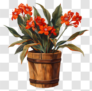 Canna Indica Flowers - Wooden Bucket With Red Blossoming Flowers Transparent PNG