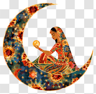 Karwa Chauth - Crescent Moon With Artistic Indian Woman Illustration Transparent PNG