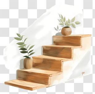 Wooden Stairs - Wooden Stairs With Indoor Potted Plants Transparent PNG