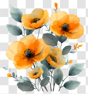 Gold Flowers - Yellow Poppies With Leaves Transparent PNG