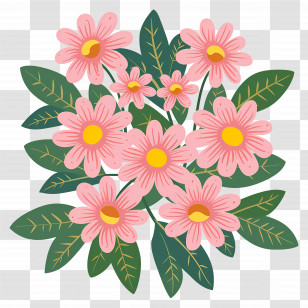 Daisy Flowers - Pink Daisies With Green Leaves Illustration Transparent PNG