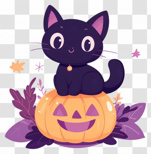 Halloween Black Cat - Black Cat Sitting On Halloween Pumpkin Transparent PNG