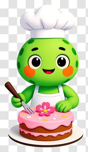 Plant Mascot Celebrating Mother's Day - Cute Green Chef Cutting Pink Cake Transparent PNG