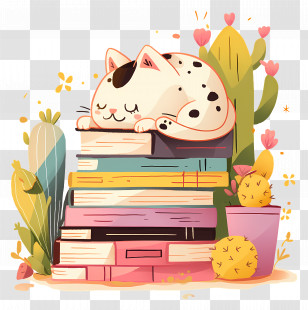 Cat Sleeping On Books - Cute Sleeping Cat On Stacked Books Illustration Transparent PNG