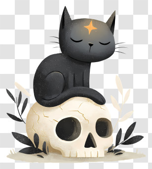 Black Cat On Human Skull - Curled Black Cat On Skull Transparent PNG