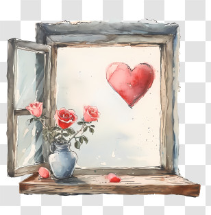 Valentine Window - Romantic Window With Roses And A Heart Painting Transparent PNG