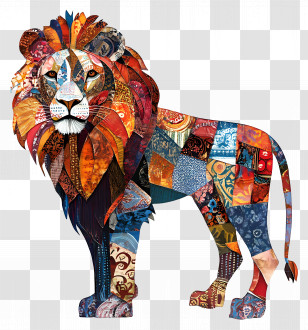 Patchwork Lion - Colorful Patchwork Lion Art Transparent PNG