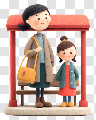 Bus Stop - Mother And Daughter At Bus Stop Illustration Transparent PNG