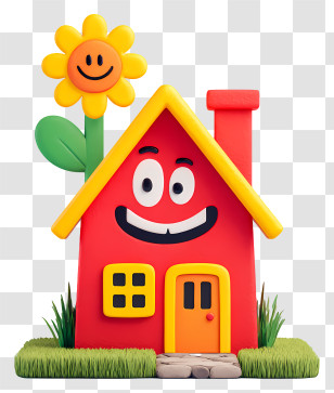 Cartoon House - Cheerful Red House With Sunflower Transparent PNG